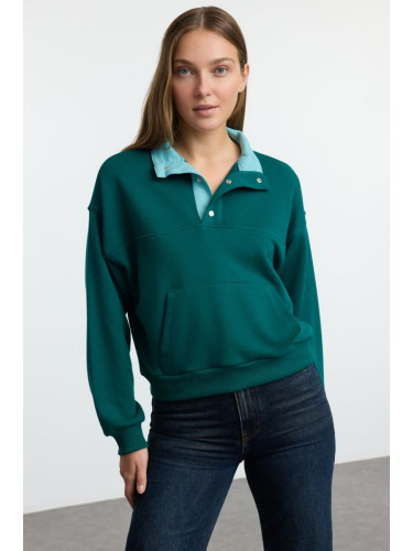 Trendyol Emerald Green Regular/Normal Pattern Sewing Detailed Stand-Up Collar Thick Knitted Sweatshirt