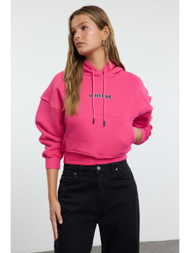 Trendyol Fuchsia Slogan Printed Oversize/Wide Pattern Crop Thick Polar Fleece Knitted Sweatshirt