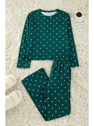 Trendyol Emerald Green 100% Cotton Polka Dot and Heart Patterned Knitted Pajama Set