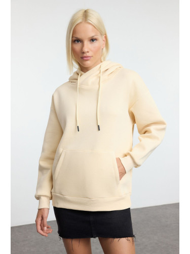 Trendyol Stone*001 Oversize Pattern Hooded Kangaroo Pocket Thick Polar Fleece Knitted Sweatshirt