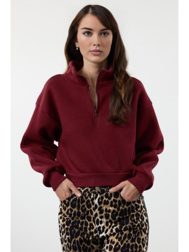 Trendyol Claret Red Casual Cut Crop Zippered Stand Collar Thick Polar Fleece Knitted Sweatshirt