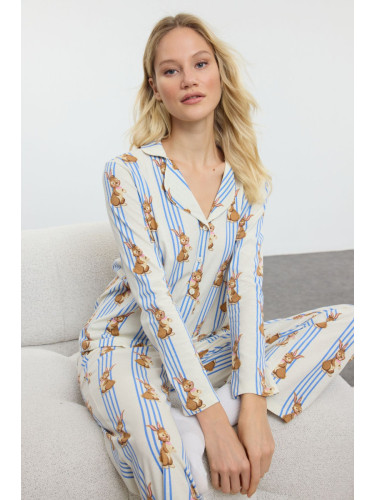 Trendyol Multicolored 100% Cotton Striped Rabbit Patterned Knitted Pajama Set