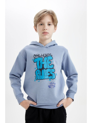 DEFACTO Boy's Graffiti Printed Hooded Soft Fuzzy Thick Blue Sweatshirt