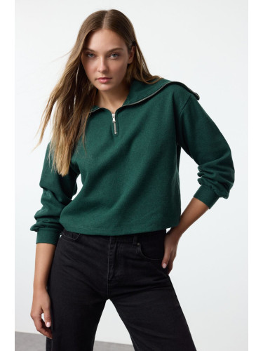 Trendyol Emerald Green Thessaloniki/Knitwear Look Polo Neck Zippered Regular Knitted Sweatshirt