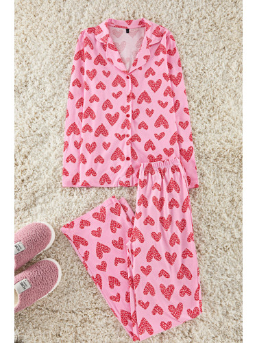 Trendyol Pink 100% Cotton Leopard Heart Patterned Shirt Pants Knitted Pajama Set