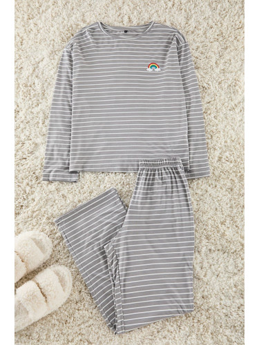 Trendyol Grey Striped Rainbow Printed Viscose Knitted Pajama Set