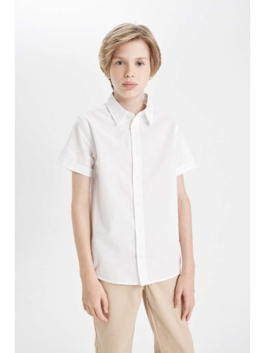 DEFACTO Boys Polo Collar Poplin Short Sleeve Basic Plain White School Shirt