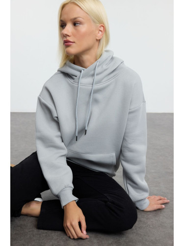 Trendyol Grey Oversize/Wide Pattern Hooded Kangaroo Pocket Thick Polar Fleece Knitted Sweatshirt