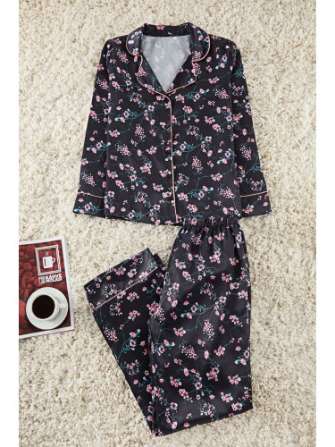 Trendyol Black-Multicolored Floral-Piece Satin Woven Pajama Set