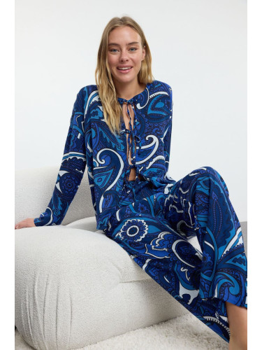 Trendyol Navy Blue Ethnic Patterned Tie/Ribbon/Bow Detailed Woven Pajama Set