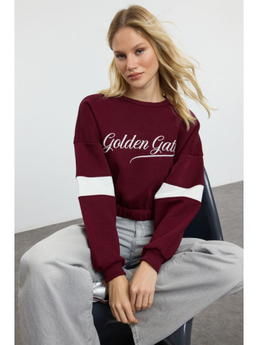 Trendyol Claret Red Thick Polar Fleece Relaxed/Comfortable Cut Slogan Embroidered Knitted Sweatshirt