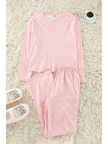 Trendyol Pink 100% Cotton Polka Dot and Heart Patterned Knitted Pajama Set