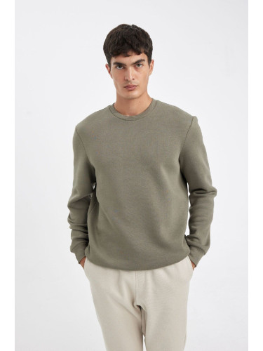 DEFACTO Khaki3 Thread Cotton Raised Polar Fleece Regular Fit Crew Neck Thick Sweatshirt