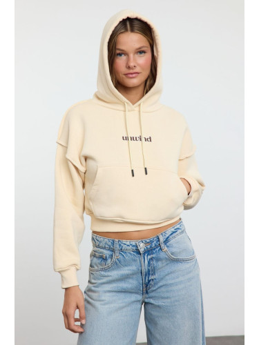 Trendyol Stone Slogan Printed Oversize Crop Thick Inside Fleece Knitted Sweatshirt