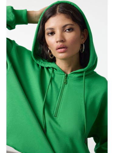 Trendyol Green Thick Polar Fleece Hooded Zippered Crop Knit Sweatshirt