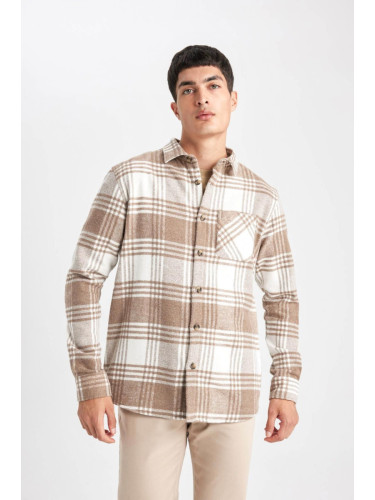 DEFACTO Regular Fit Polo Collar Plaid Cotton Long Sleeve Shirt