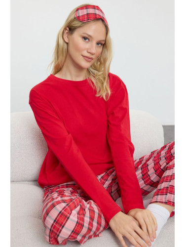 Trendyol Red Plaid Sleep Band Knitted Pajama Set