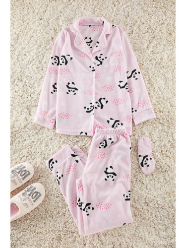 Trendyol Light Pink Panda Patterned Sleep Band Polar Winter Knitted Pajama Set