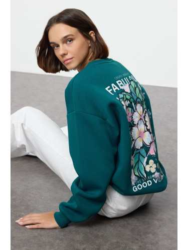 Trendyol Petrol Oversize/Wide Pattern Front Back Printed Thick Inside Polar Fleece Knitted Sweatshirt