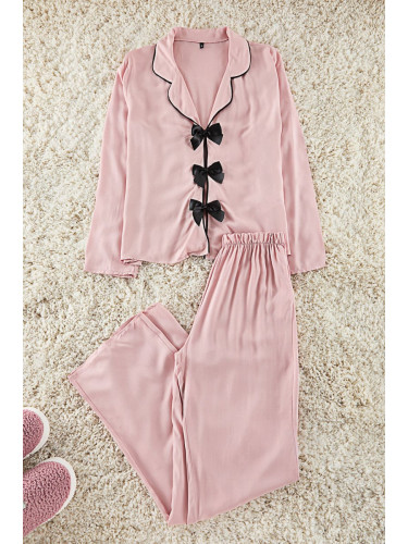 Trendyol Powder Ribbon/Bow and Piping Detailed Viscose Woven Pajama Set