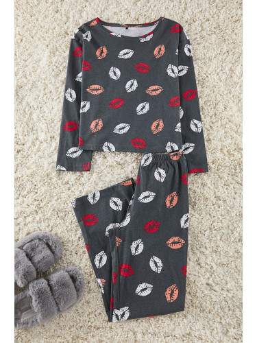 Trendyol Anthracite 100% Cotton Lip Patterned Knitted Pajama Set