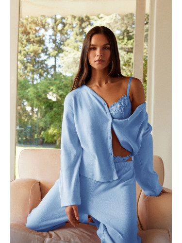 Trendyol Blue Brushed Soft Ribbed Cardigan Knitted Pajama Set