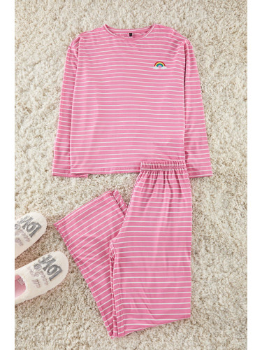 Trendyol Pink Striped Rainbow Printed Viscose Knitted Pajama Set