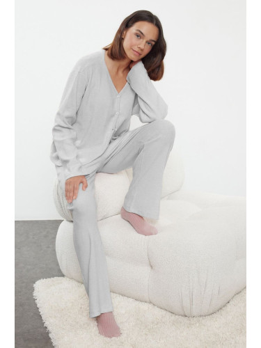 Trendyol Grey Melange Brushed Soft Ribbed Cardigan Knitted Pajama Set