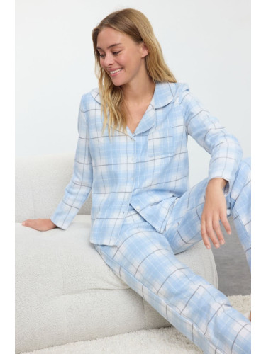 Trendyol Blue-Multicolor Cotton Plaid Pocket Detailed Woven Pajamas Set