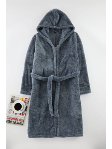 Trendyol Gray Belted Back Slogan Detailed Hooded Wellsoft Winter Knitted Dressing Gown