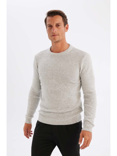 DEFACTO Men's Gray Standard Fit Regular Cut Crew Neck Textured Basic Knitwear Sweater