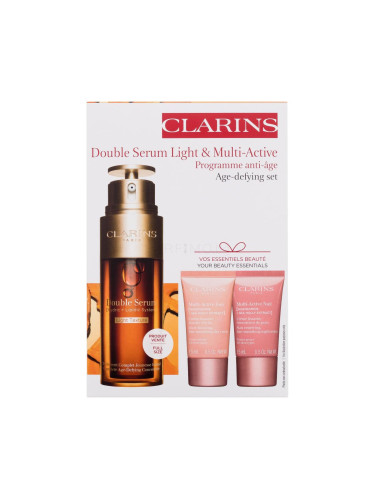 Clarins Double Serum Light & Multi-Active Age-defying Set Подаръчен комплект серум за лице Double Serum Light Texture 50 ml + дневен крем за лице Multi-Active Day Cream 15 ml + крем за лице Multi-Active Night Cream 15 ml + околоочен серум Double Serum Eye 0,9 ml