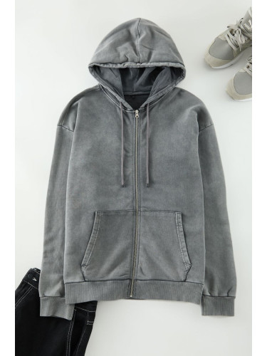 Trendyol Anthracite Oversize/Wide Cut Hooded Vintage/Faded Effect Basic Zipper Cardigan/Sweatshirt