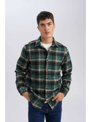 DEFACTO Men's Green Regular Fit Polo Collar Plaid Lumberjack Flannel Long Sleeve Shirt