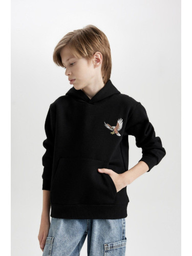 DEFACTO Boy Black Animal Printed Regular Fit Hooded Thick Sweatshirt