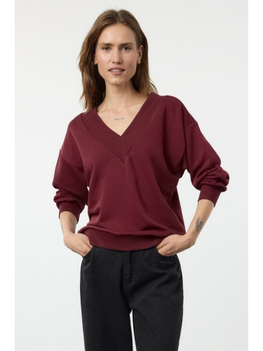 Trendyol Burgundy Oversize/Wide Fit Thick V-neck Knitted Sweatshirt