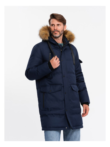 Ombre Men's long warm parka hooded jacket - navy blue