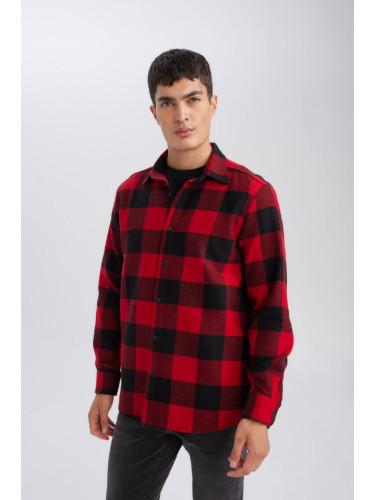 DEFACTO Men's Red Regular Fit Polo Collar Checked Lumberjack Flannel Long Sleeve Shirt