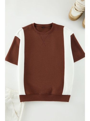 Trendyol Brown-Ecru Oversize/Wide Cut Color Block Thick Inside Raised T-shirt