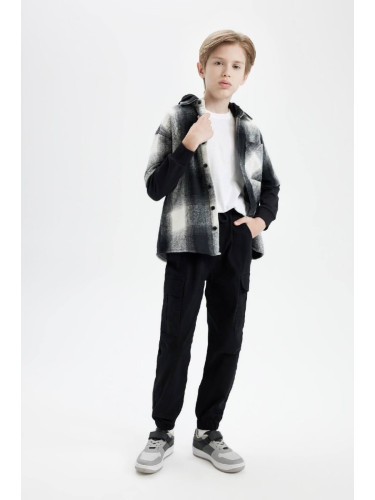 DEFACTO Boys Cargo Pocket Drawstring Waist Elastic Leg Pocket Black Jogger Gabardine Trousers