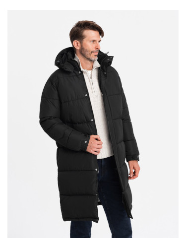 Ombre Men's quilted long jacket with detachable hood - black