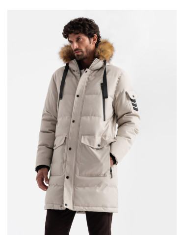 Ombre Men's long warm parka jacket with hood - beige