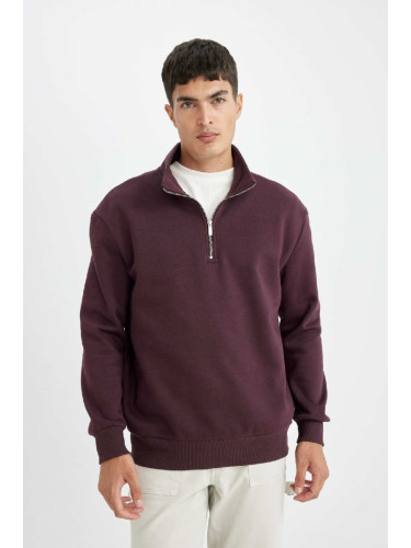 DEFACTO Men's Dark Burgundy Comfort Fit Stand Collar Zippered Thick Basic Plain Sweatshirt