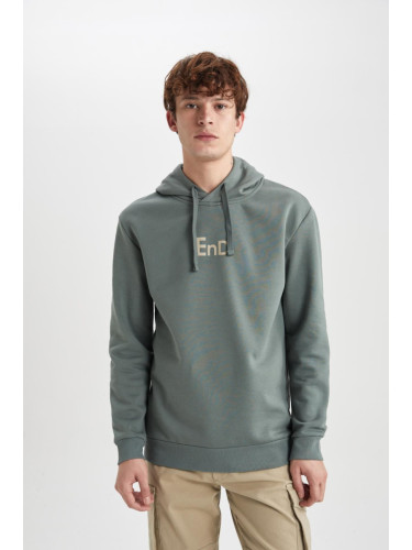 DEFACTO Men's Green Regular Fit Hooded Printed Sweatshirt