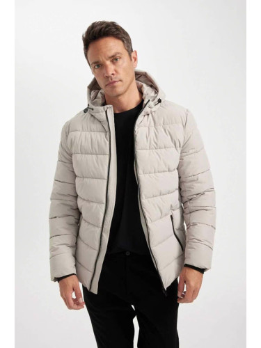 DEFACTO Men's Beige Water Repellent Slim Fit Slim Cut Hooded Zippered Pocket Lined Puffer Jacket