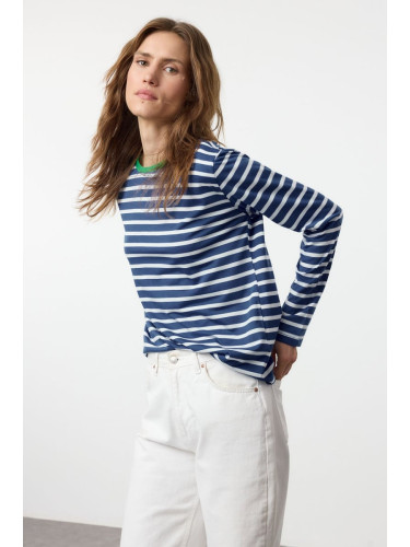 Trendyol Saks-Ecru Striped Collar Colored Ribbed Striped Basic Knitted