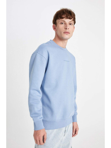 DEFACTO Men's Blue Boxy Fit Crew Neck Printed Sweatshirt