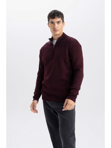 DEFACTO Men's Claret Red Standard Fit Regular Cut Bato Collar Zippered Ethnic Patterned Sweater