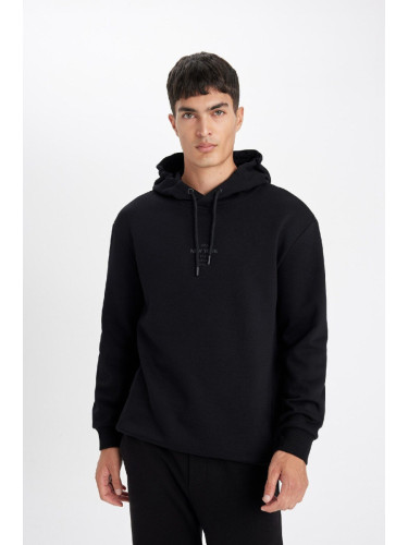 DEFACTO Men's Black Regular Fit Hooded Printed Sweatshirt