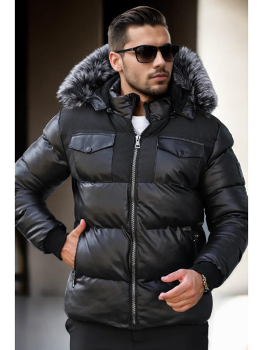 25274 Dewberry Detachable Hooded Mens PU Coat-BLACK